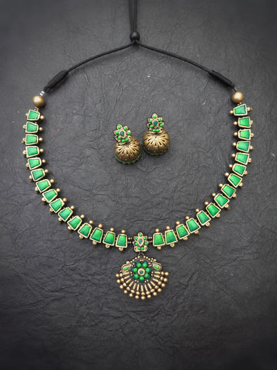 Indus Terracotta Vaani — Green & Gold Necklace Set